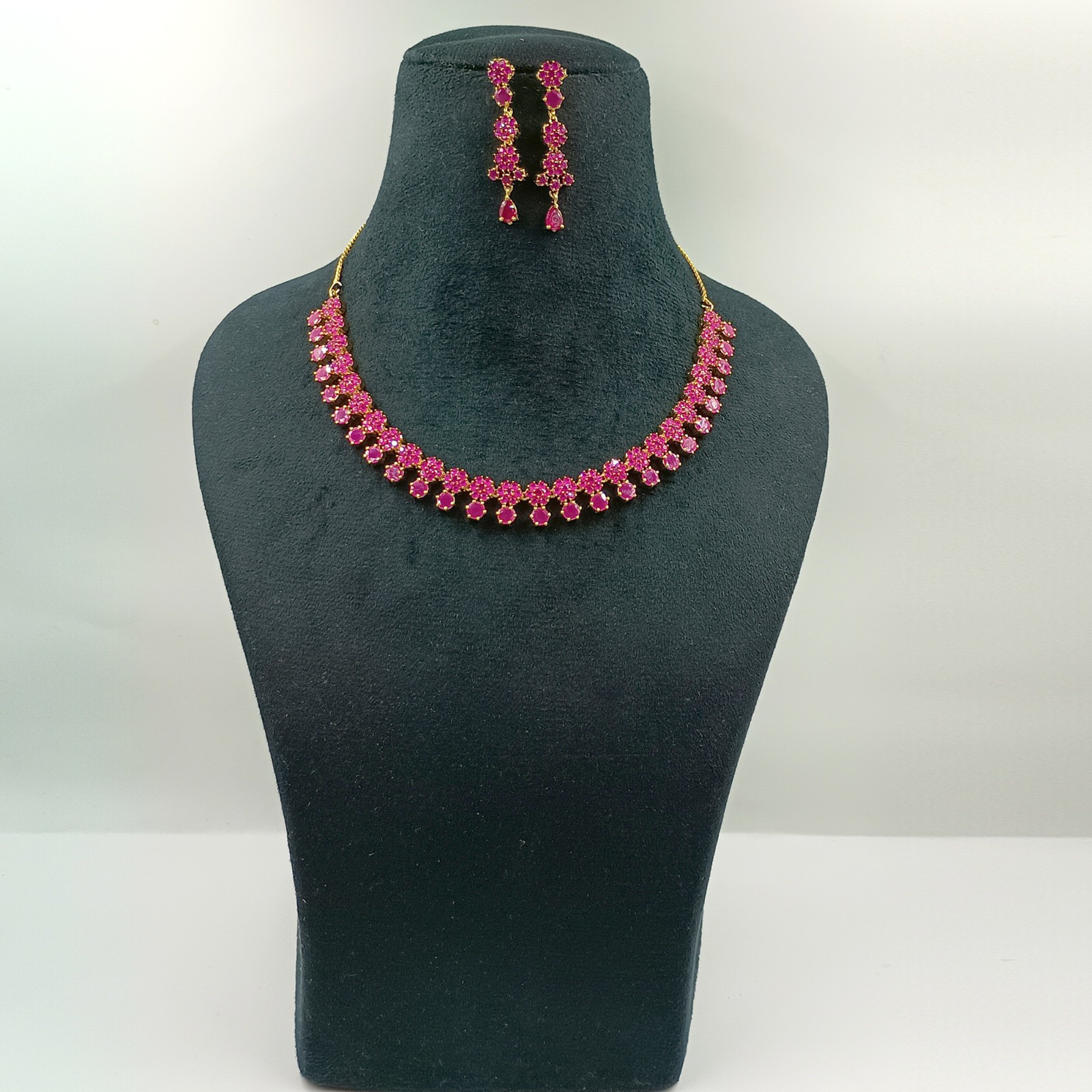 Indian 22k Gold Plated Ruby Floral Statement Necklace Set Wedding Jewelry