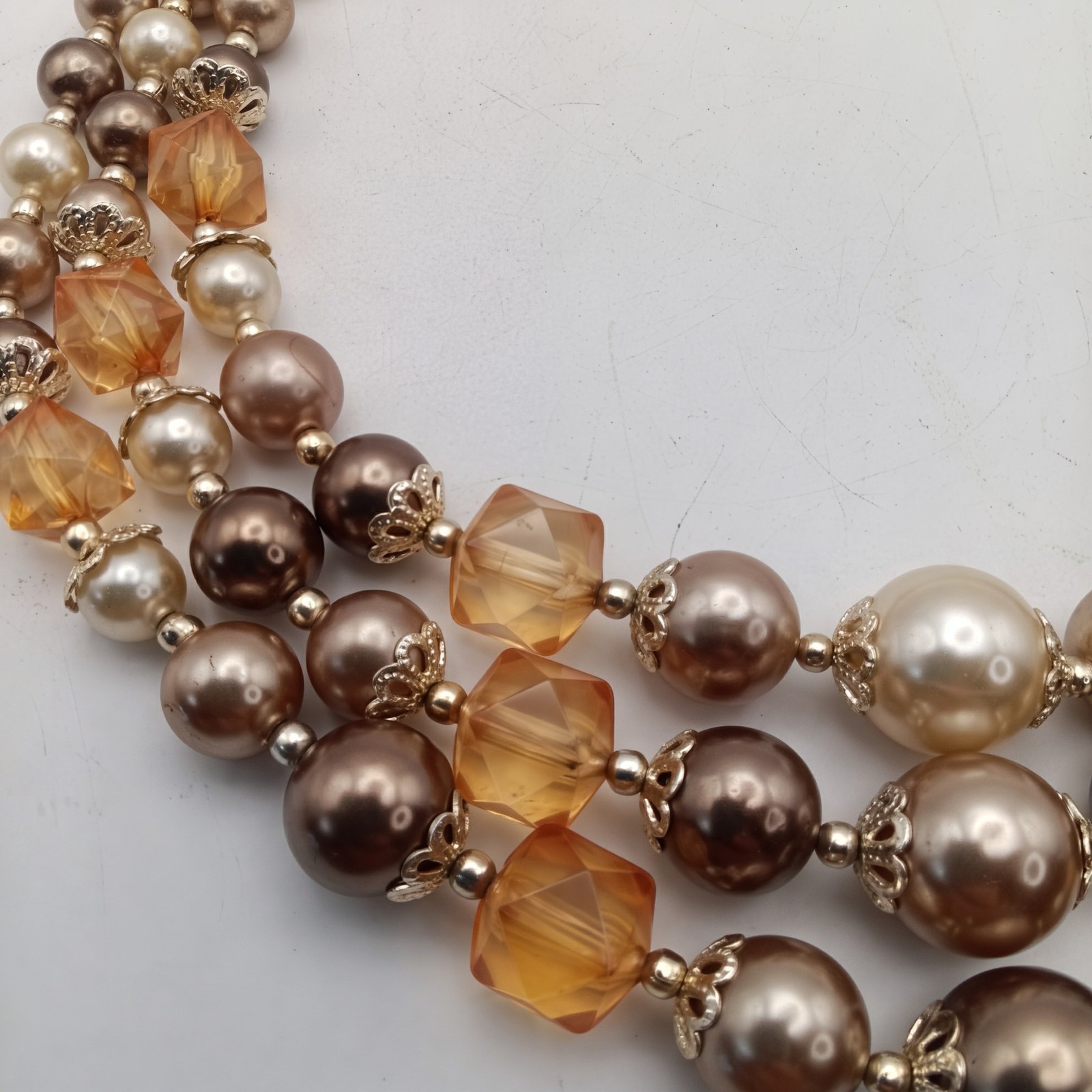 Vintage 3 Strand Faux Pearl Necklace Amber Glass Beads Japan Signed Mid Century