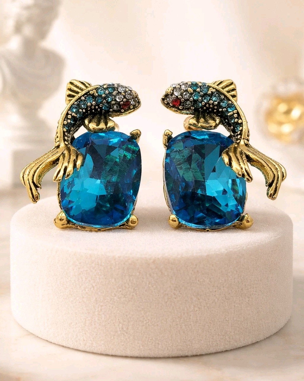 Koi Fish Earrings VTG Gold Fish BLUE Crystal Nouveau Ornate Art Deco CZ Cluster
