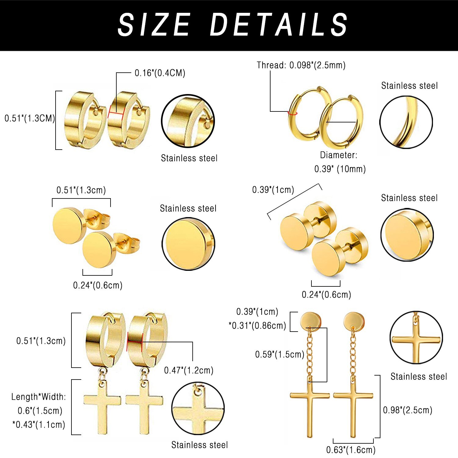 18 Pairs Men Women’s Cross Stainless Steel Hoop Dangle Huggie Stud Earrings Set