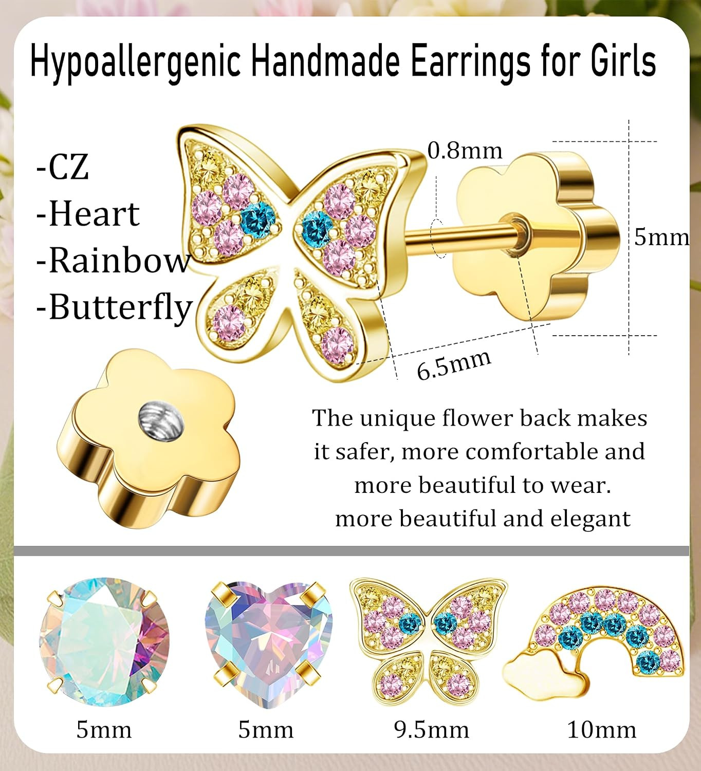 4Pairs Hypoallergenic Earrings for Women 14K Gold Flat Back Earrings 20G Screw B