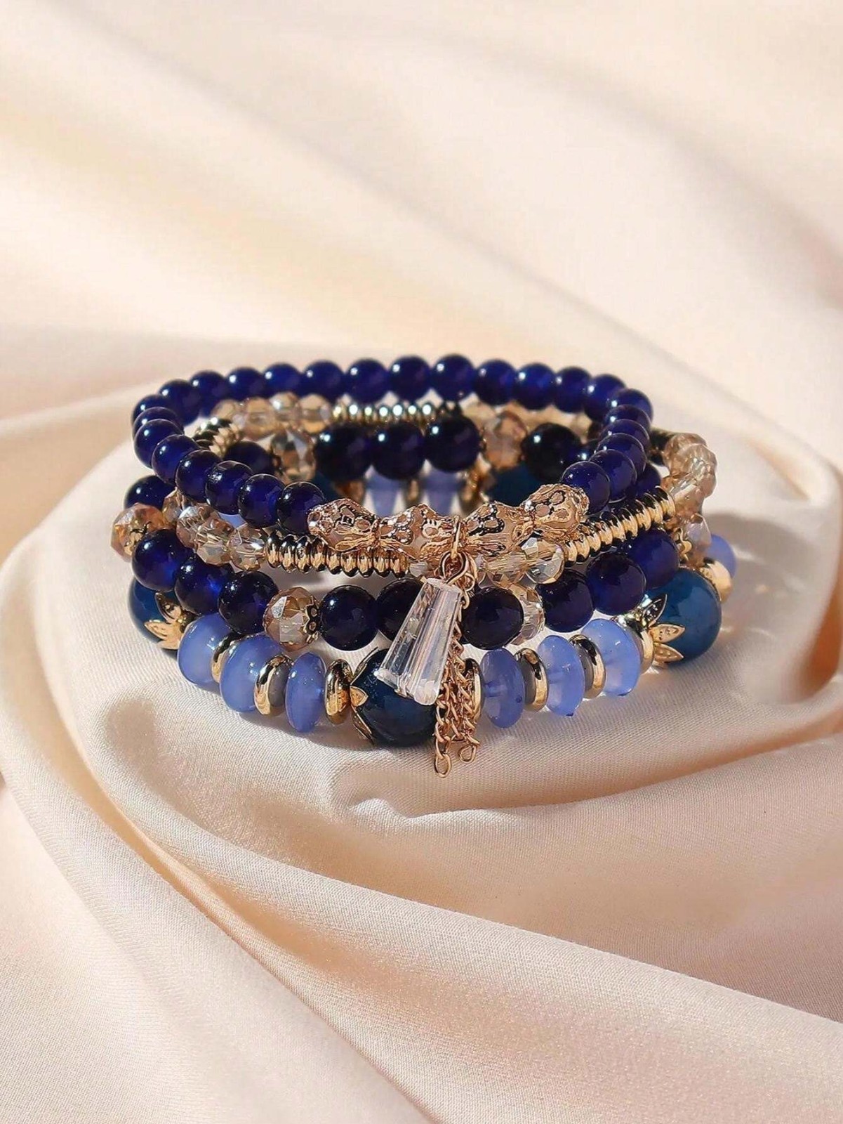 4PCS Bohemian Stackable Bracelets for Women Girls Gold Tone Beaded Stretch Charm