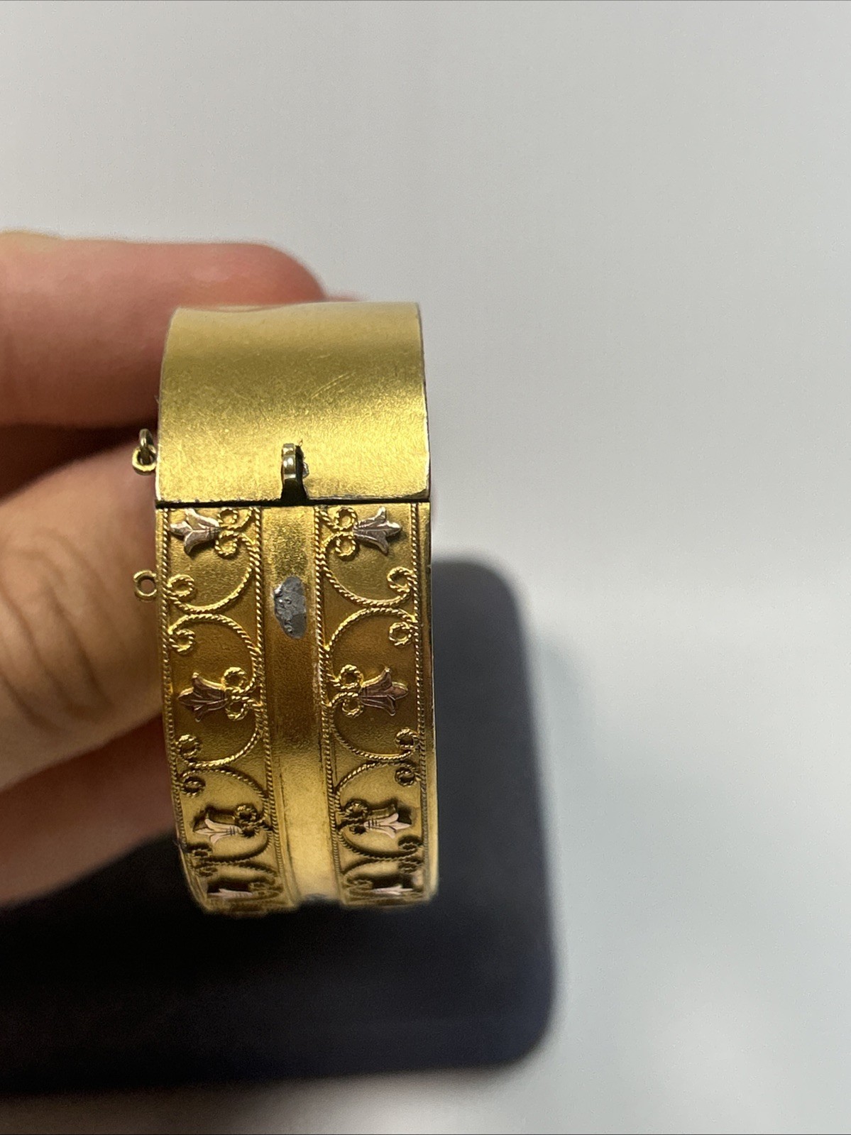 Victorian Etruscan Revival Gold Gild Wide Floral Motif Insert Clasp Bangle