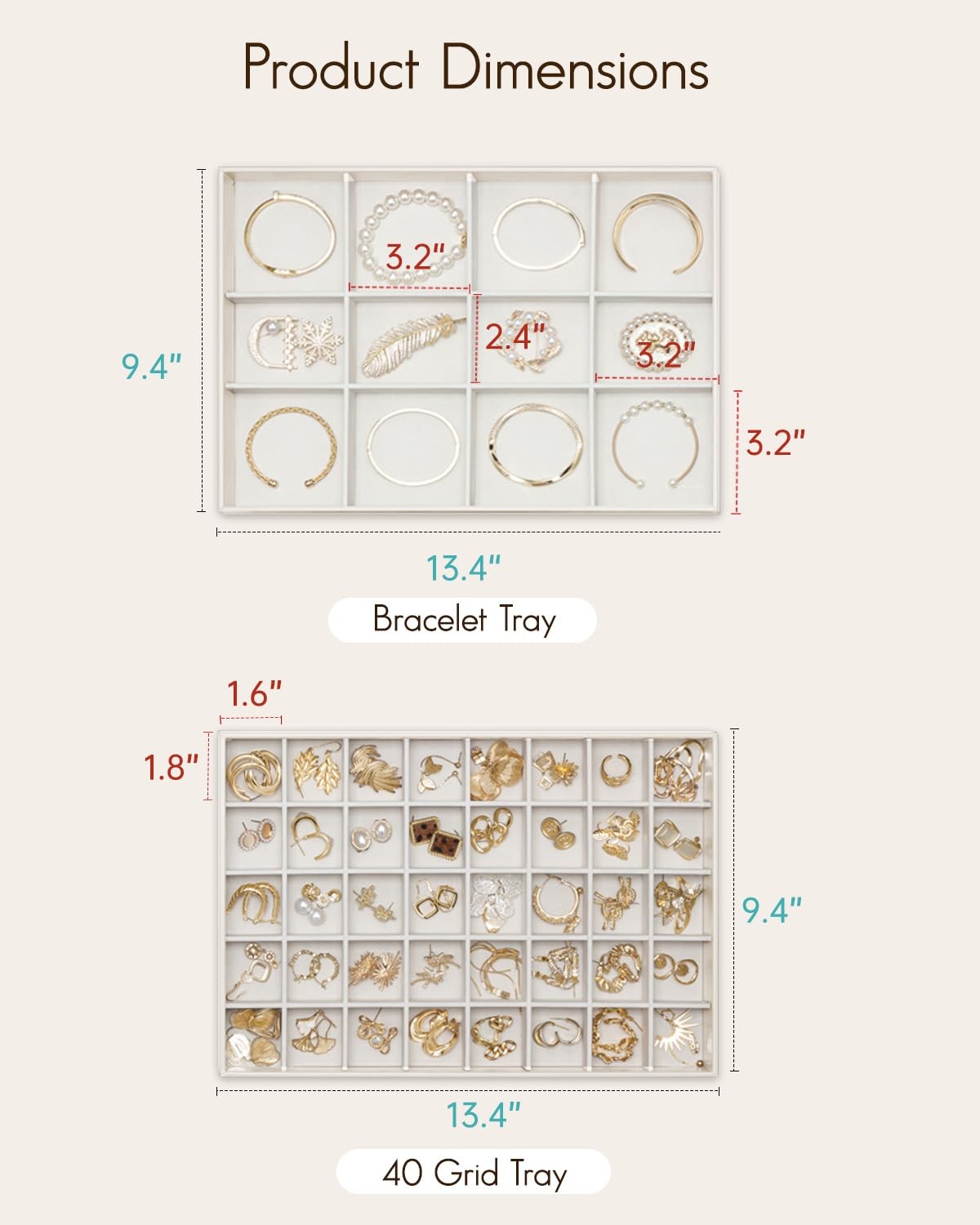 Stackable Jewelry Tray, Drawer Organizer for Bracelets, Beige
