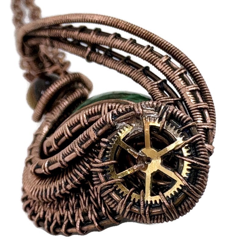 Steampunk Malachite Pendant, Wire-Wrapped in Bronze with Golden Tiger Eye