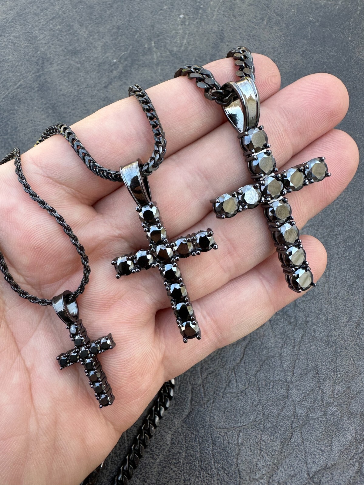 Black MOISSANITE Real Oxidized Rhodium 925 Silver Cross Iced Pendant Necklace