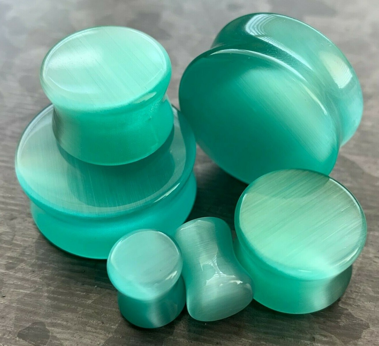 PAIR Sea Foam Green Cat Eye Stone Plugs Double Flare Gauges