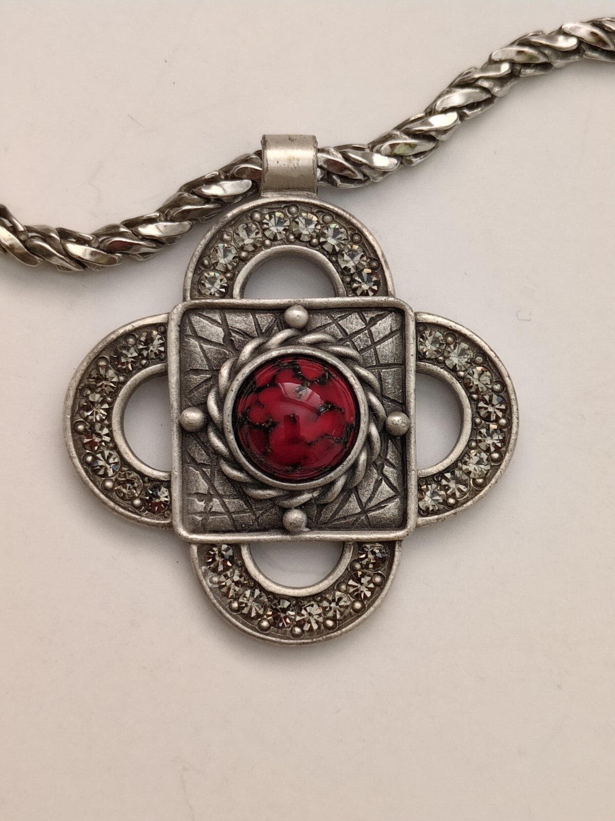 Pewter Rhinestone Medallion Necklace 21″ Fashion Burgundy Red Stone (cb2)