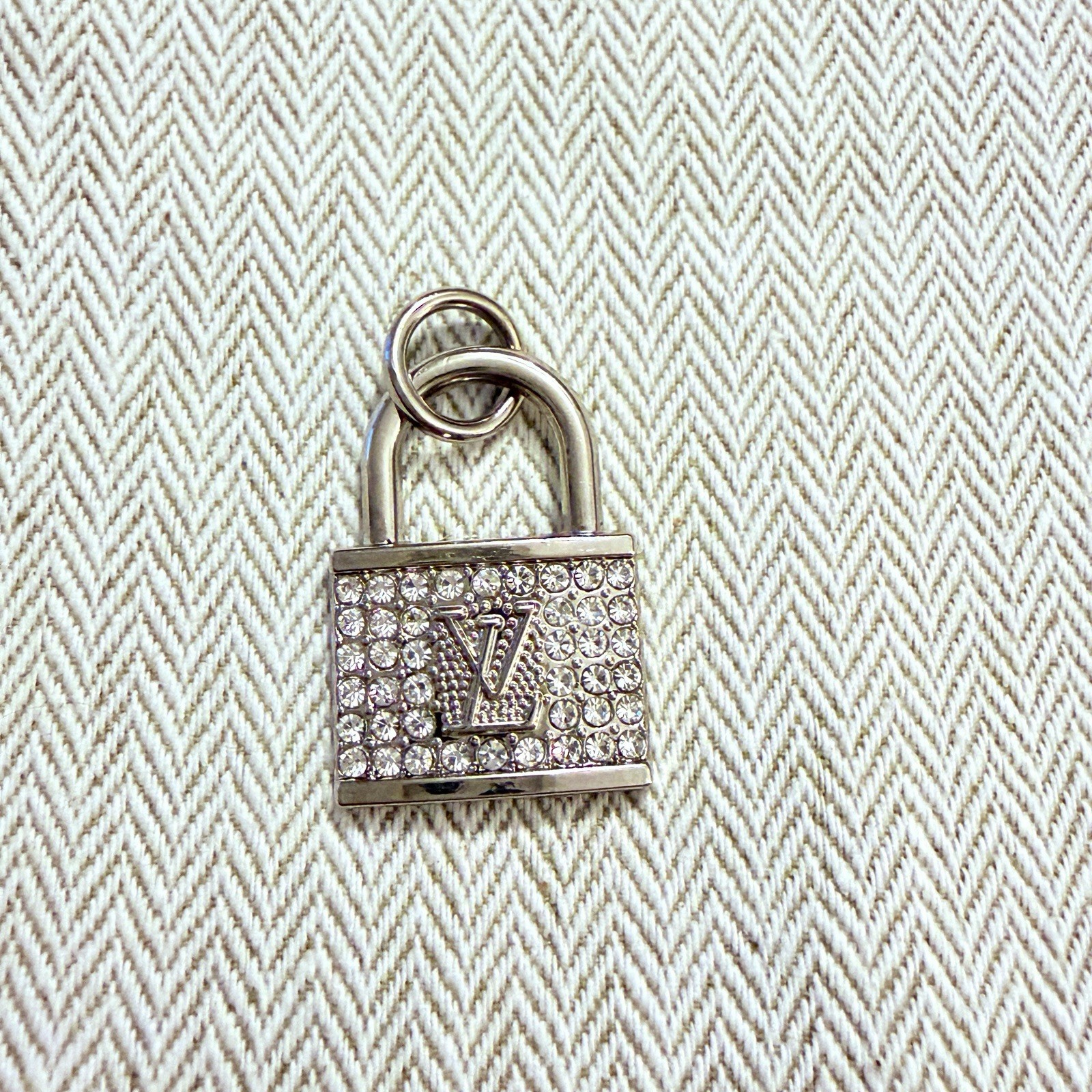 Designer Zipper Pull Charm Silver Tone & Rhinestone Lock Pendant