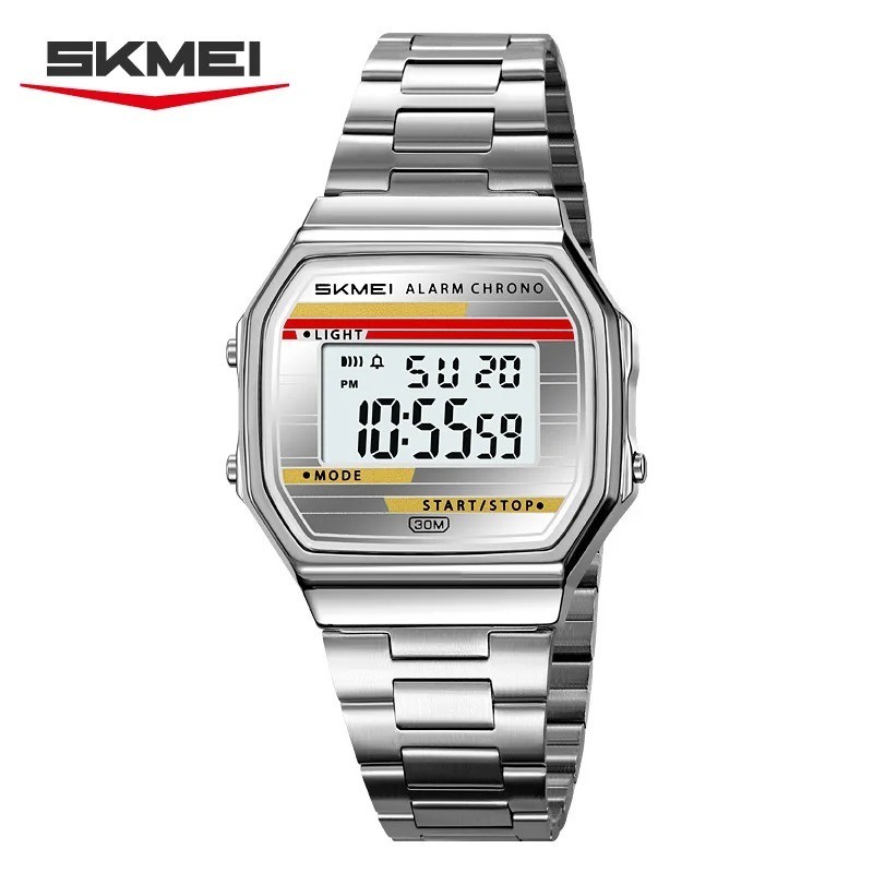 SKMEI Men’s Digital Watch Square Stainless Steel Luminous Waterproof Alarm
