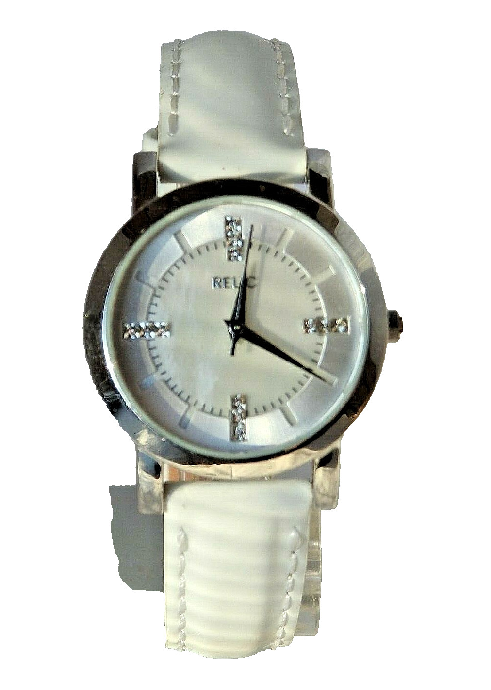 Relic women’s silver tone silver w/crystal & MOP dial quartz watch ZRJ34001