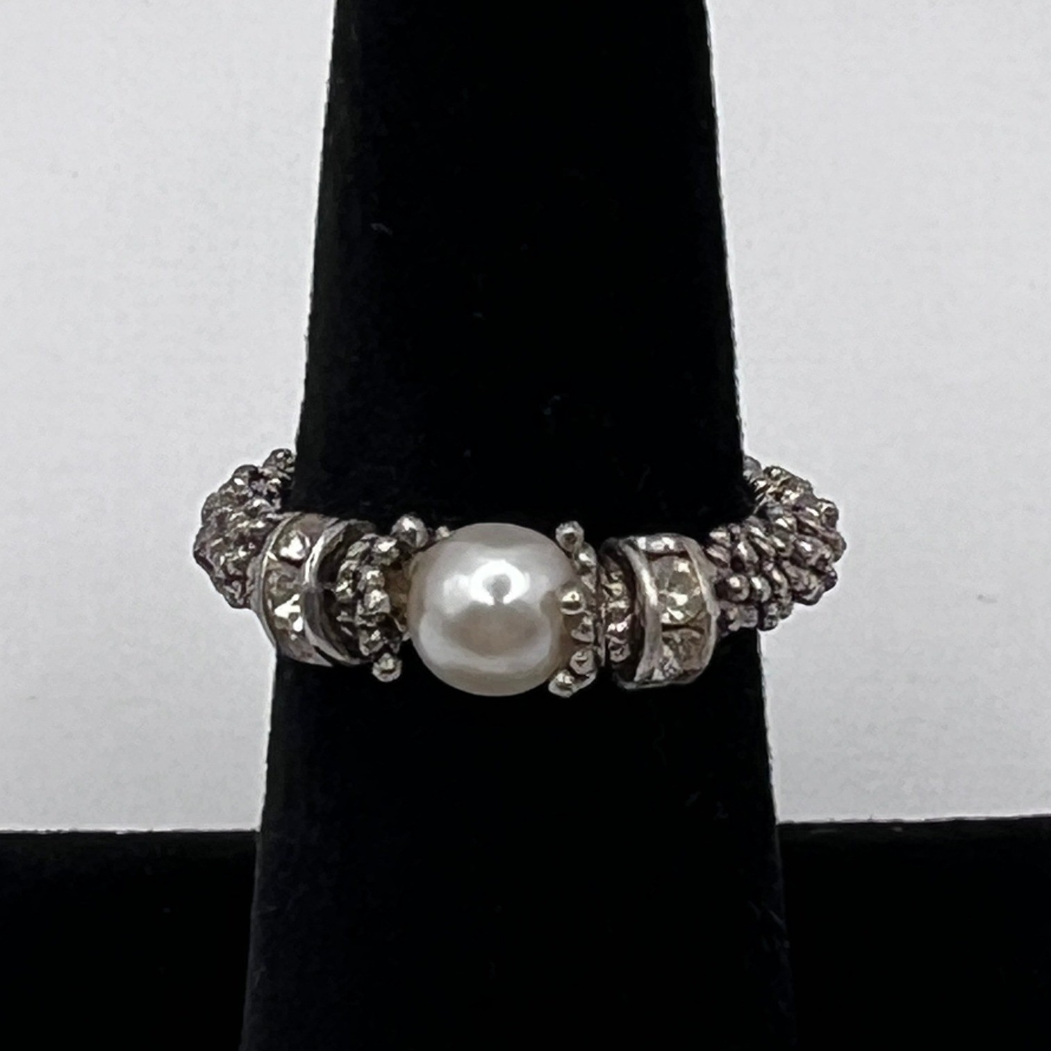 Cindy David Designs Stretch Ring Sz 5+ Silver Excellent Swarovski Pearl Bali