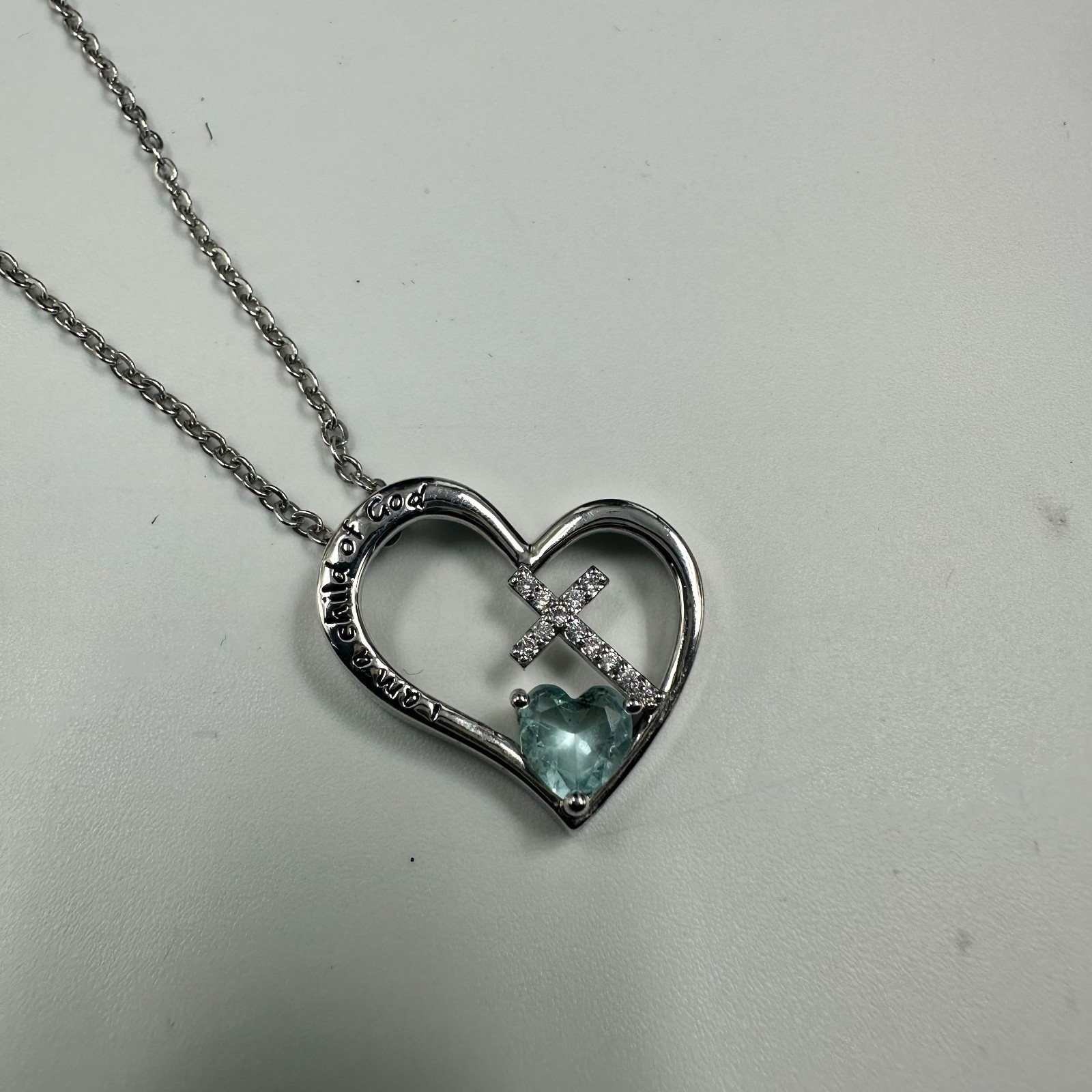 I Am A Child of God Heart Necklace Silver Tone Cross Blue Stone Accent 17 Inches