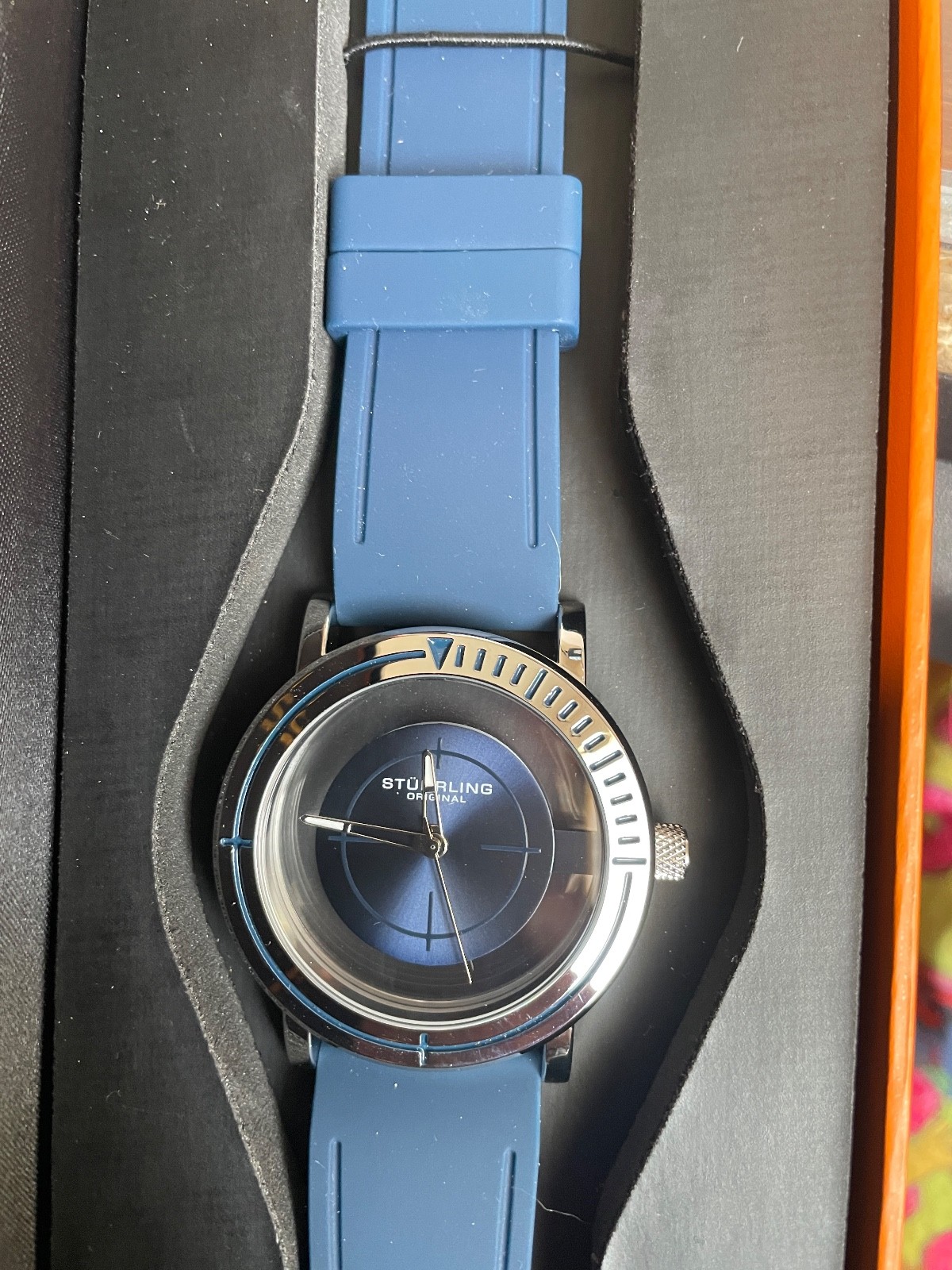 Stuhrling 3915 1 Aviator Quartz Semi Transparent Dial Blue Rubber Mens Watch