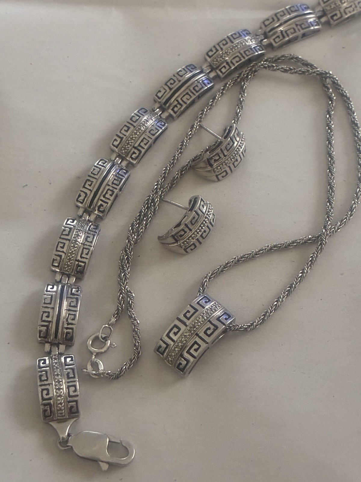 Heng Ngai HN Sterling Diamond Greek Key Design Necklace Bracelet Earring Set