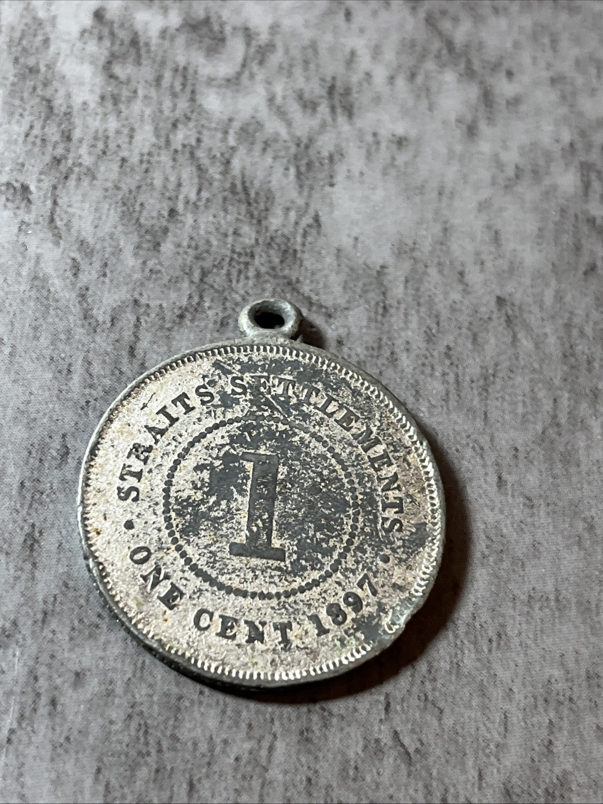 Vintage Victoria Queen Pendent Charm One Cent 1897 Coin Straight Settlements