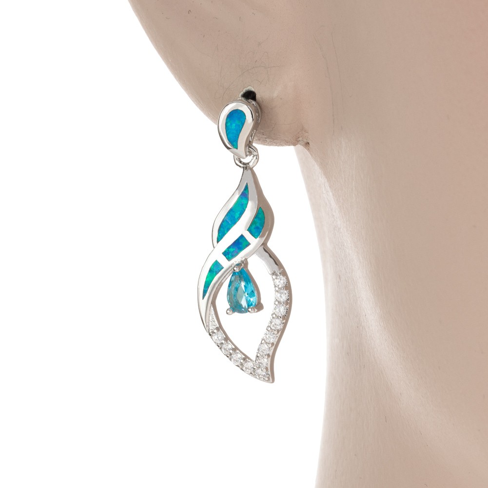 3×5 Simulated Blue Topaz Blue Fire Opal Silver Jewelry Drop Pierced Earrings