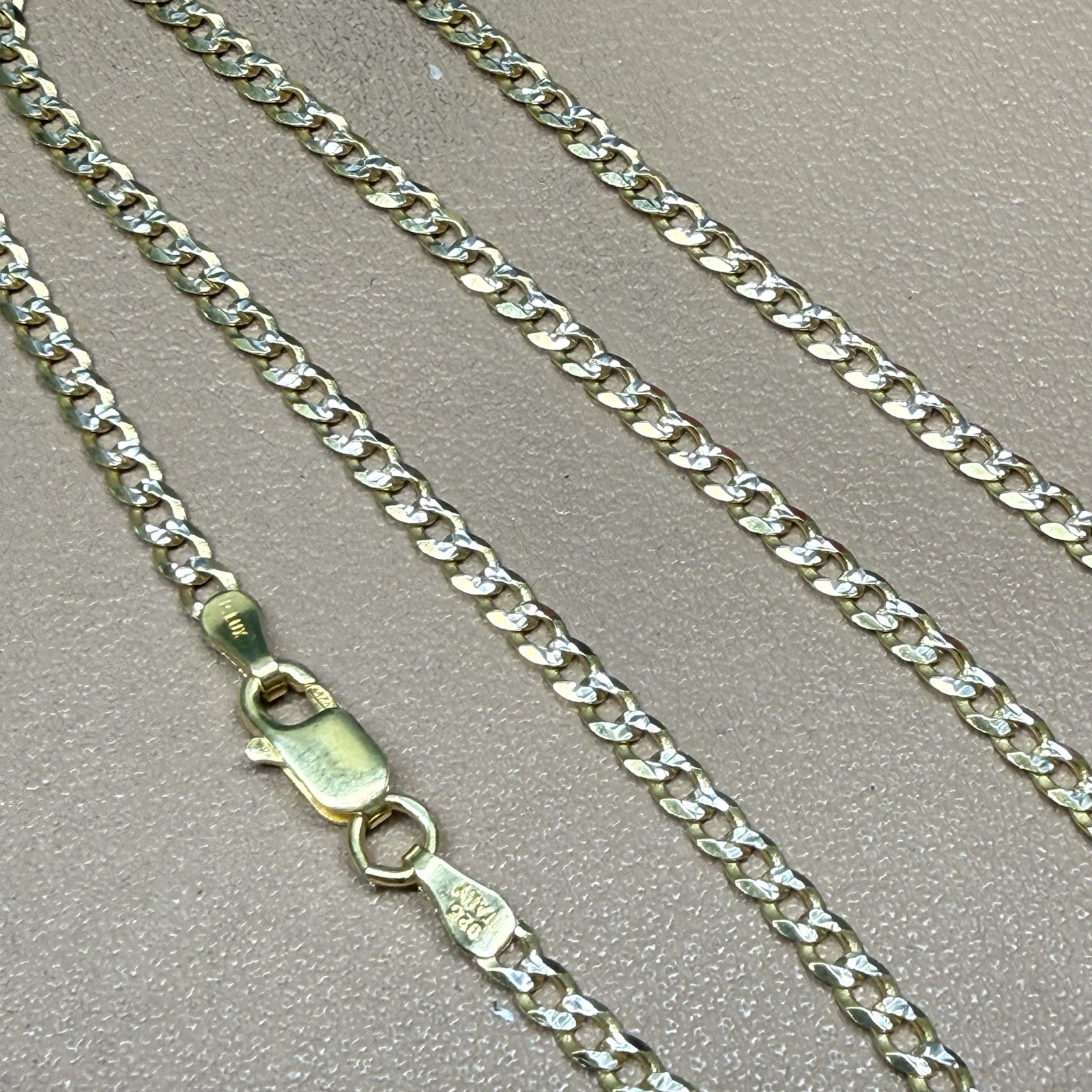 Curb Diamond Cut Chain Gold Plated Solid 925 Silver Two Tone ITALY 18” 2.7mm