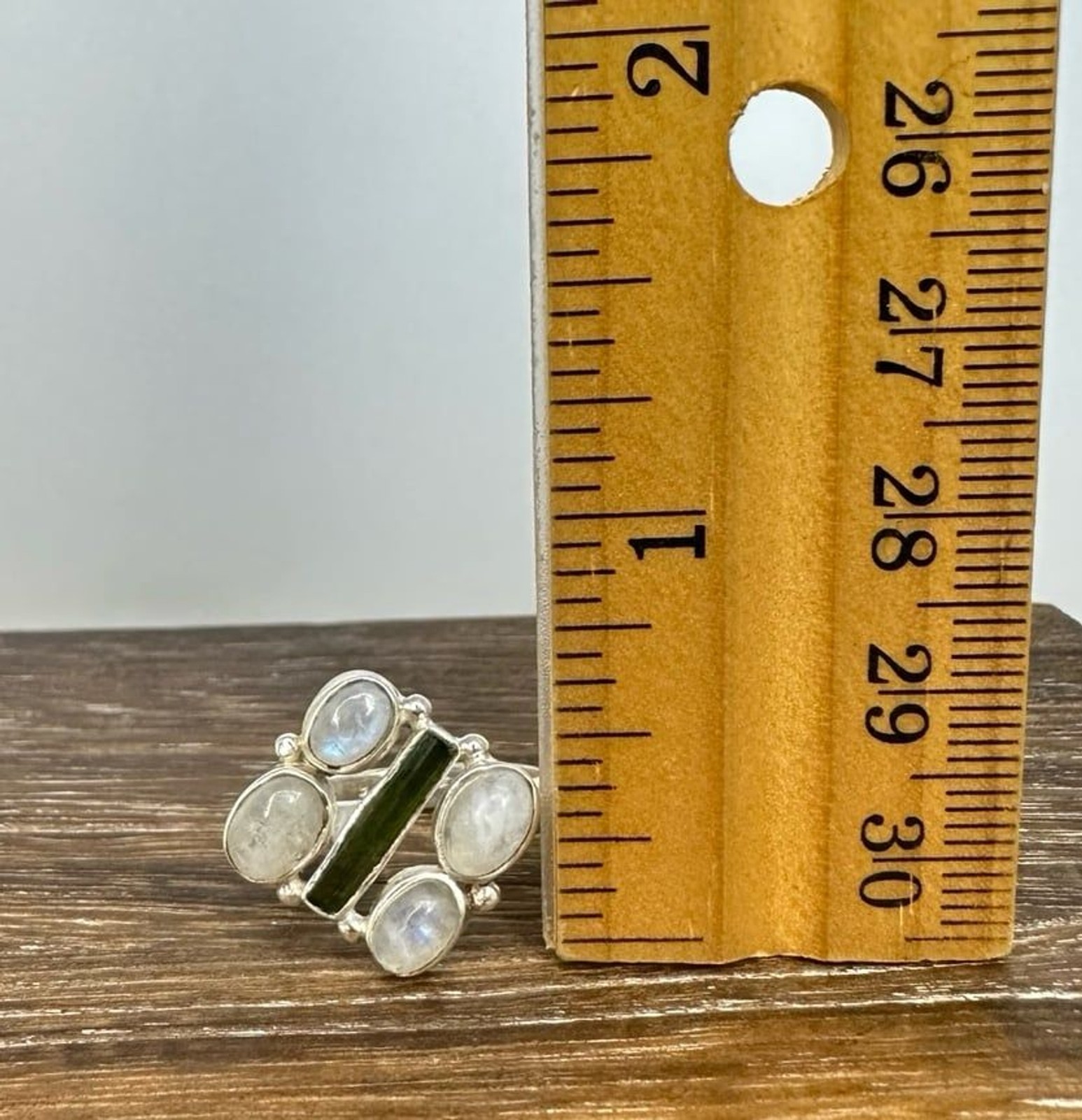 Sterling Silver Moonstone and Green Tourmaline Multi Stone Ring Sz 6.75