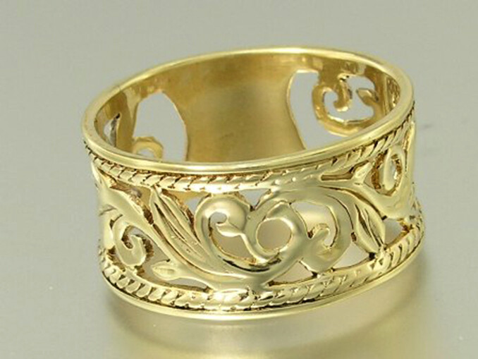 9K Solid Gold Filigree Foliage Band Ring – Wide Vintage Style, Custom Size
