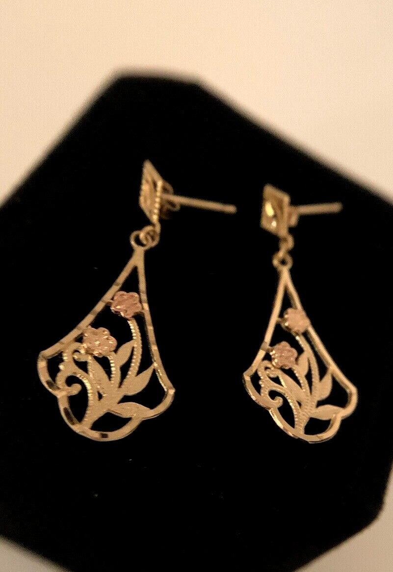 10k YelGold Rose Flower Drop Earrings,32mm x 13mm/28mm Drop,1.2g,FREEgftBx$4valu