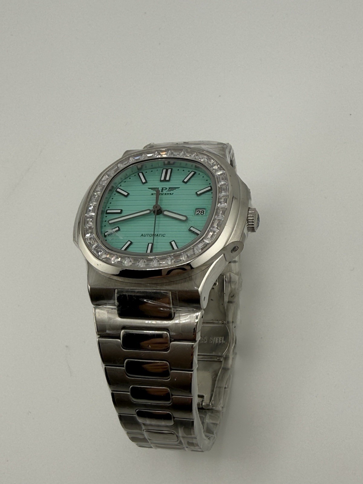 PINDU Automatic Stainless Steel Wristwatch Turquoise Dial Date Octagon