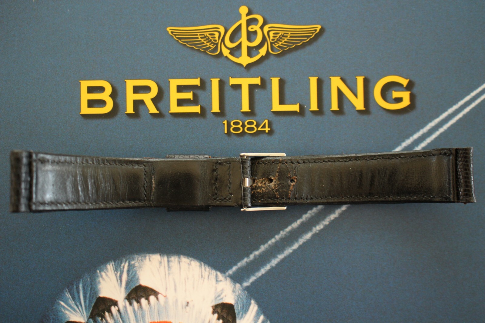 VINTAGE 18MM TONGUE BUCKLE BLACK LIZARD WATCH BAND WATCHBAND STRAP FOR BREITLING