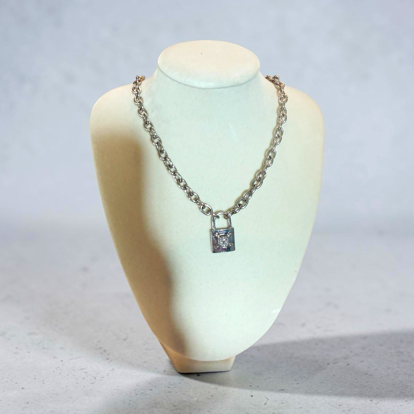 Silver Tone Metal Rolo Chain Necklace, Rectangle Charm Pendant, Adjustable