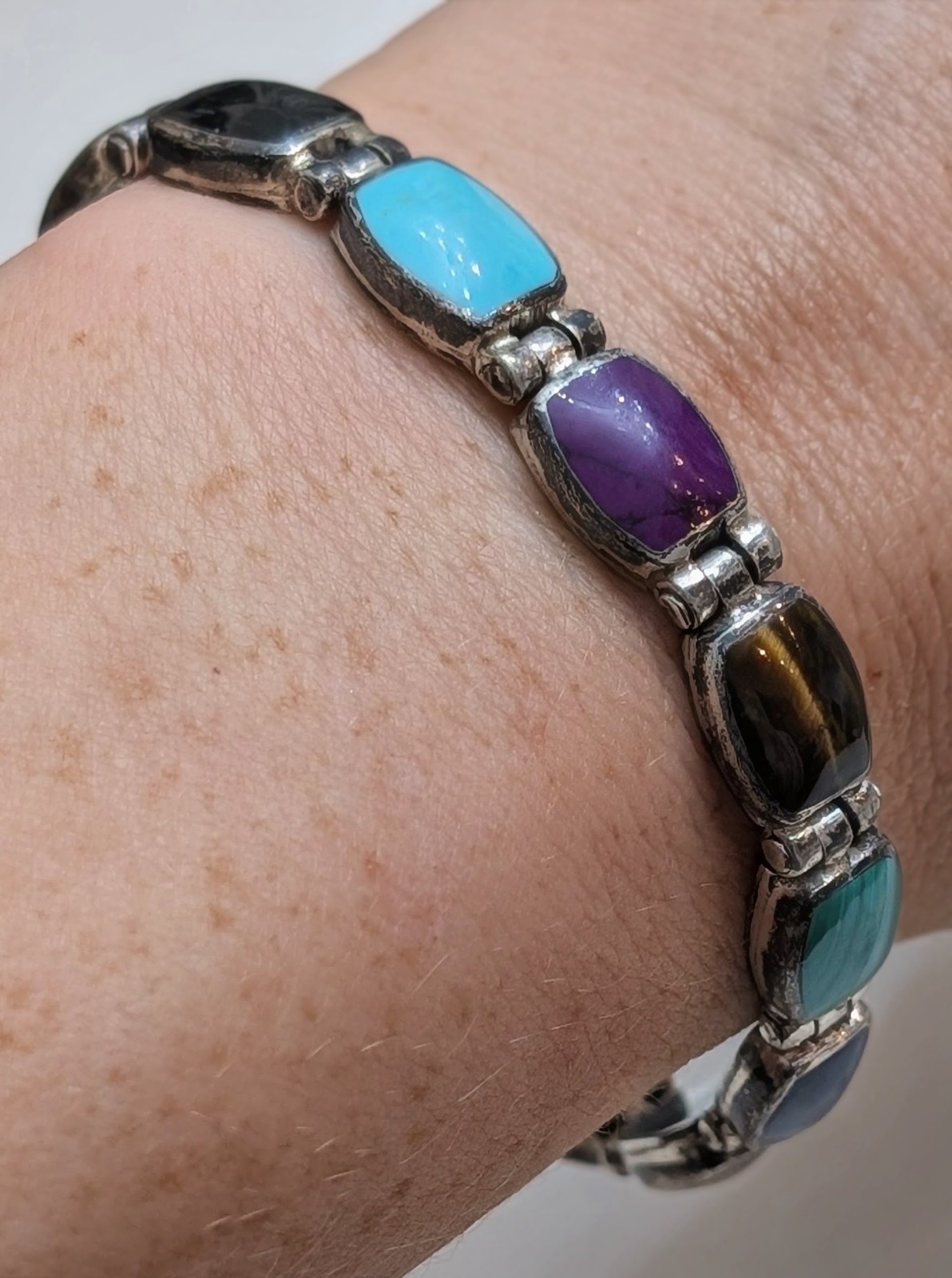 Vintage Taxco Mexico 950 Silver Multi Stone Inlay Link Bracelet 7.5″ 27.6g TJ-88