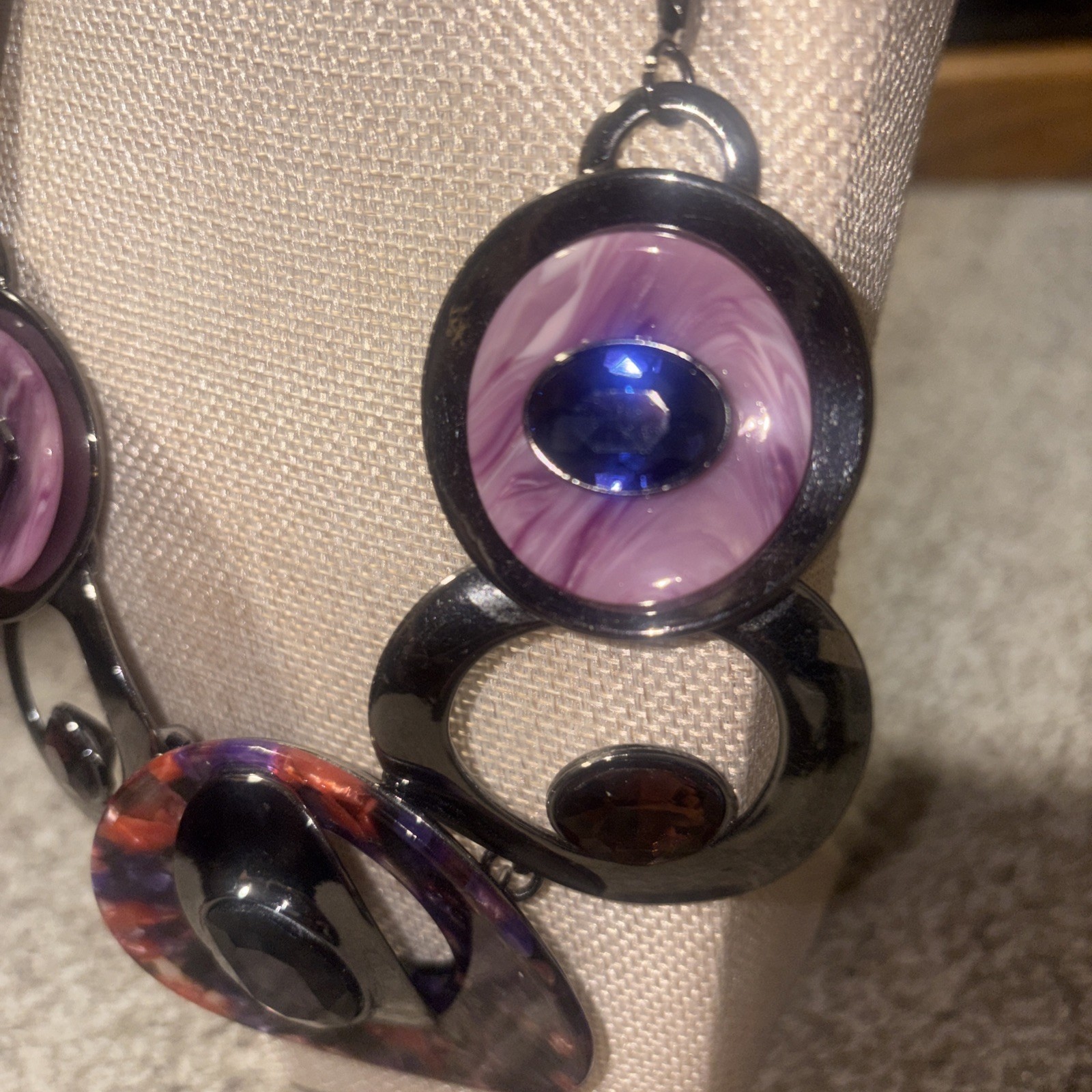 Chunky Purple Resin Statement Necklace- Marbled Geometric Bib Choker Silver Tone