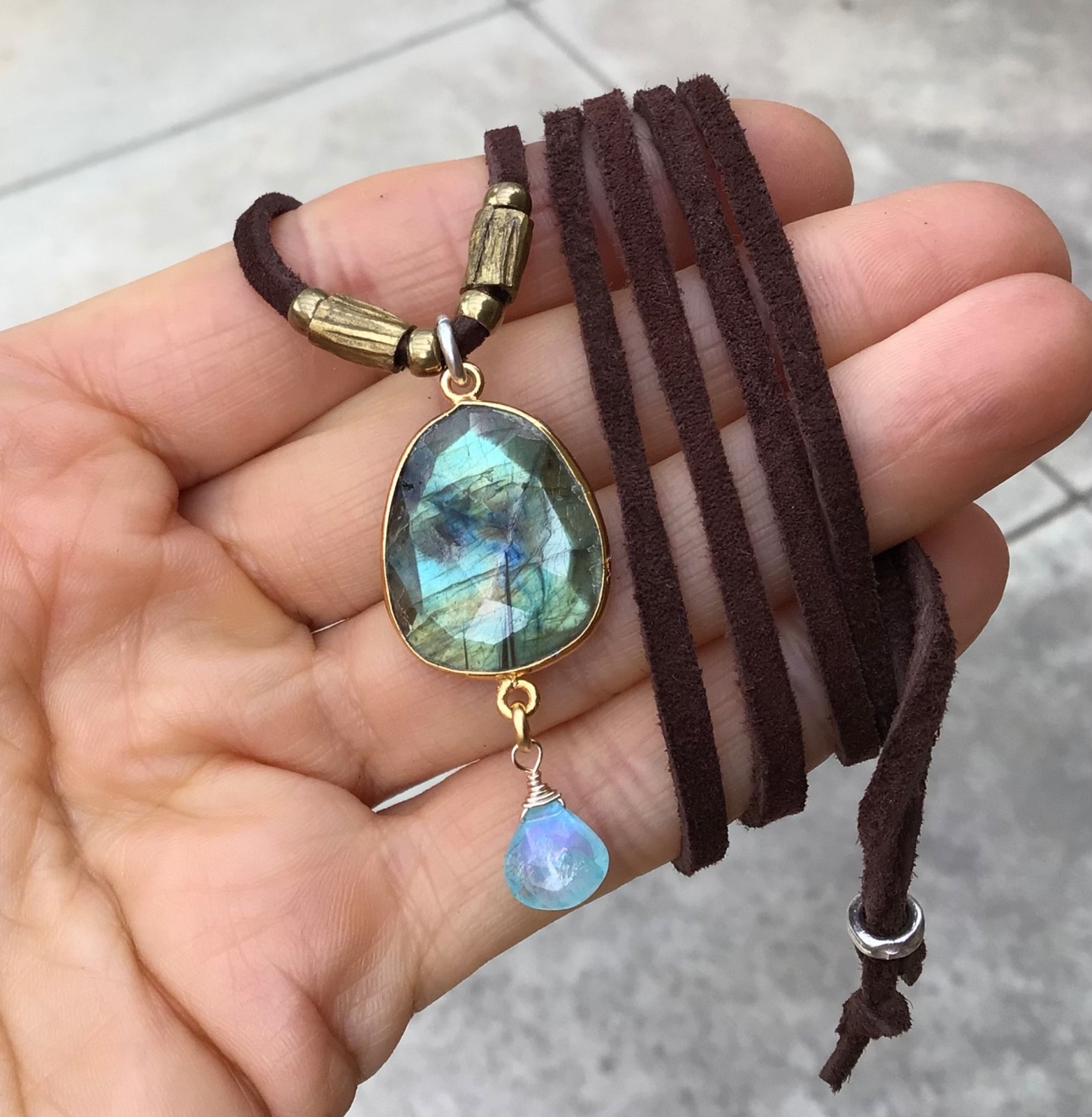 $270 Labradorite Aquamarine Sundance Charm Necklace leather suede cord jewelry