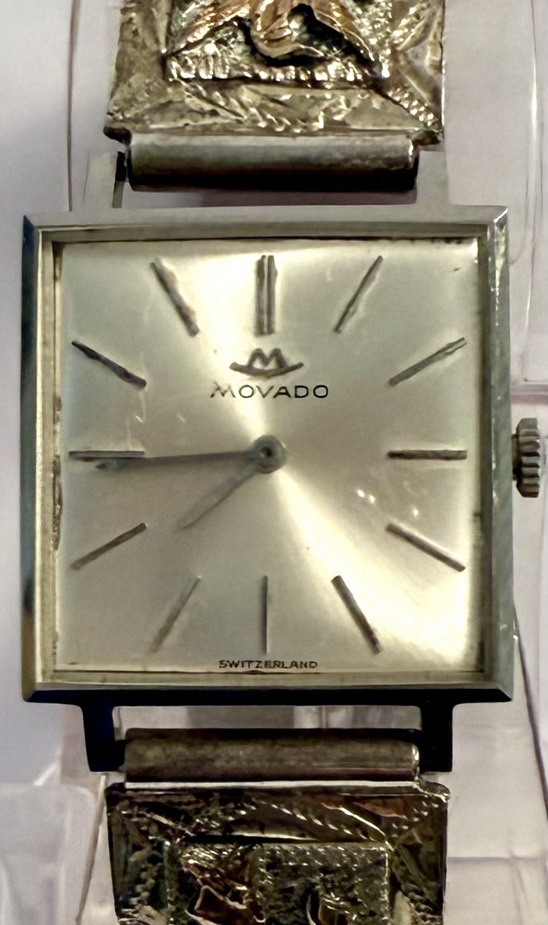 Vintage MOVADO 26mm Square| 925 Silver AZTEC & MAYAN Symbols 7.0″ Bracelet Watch