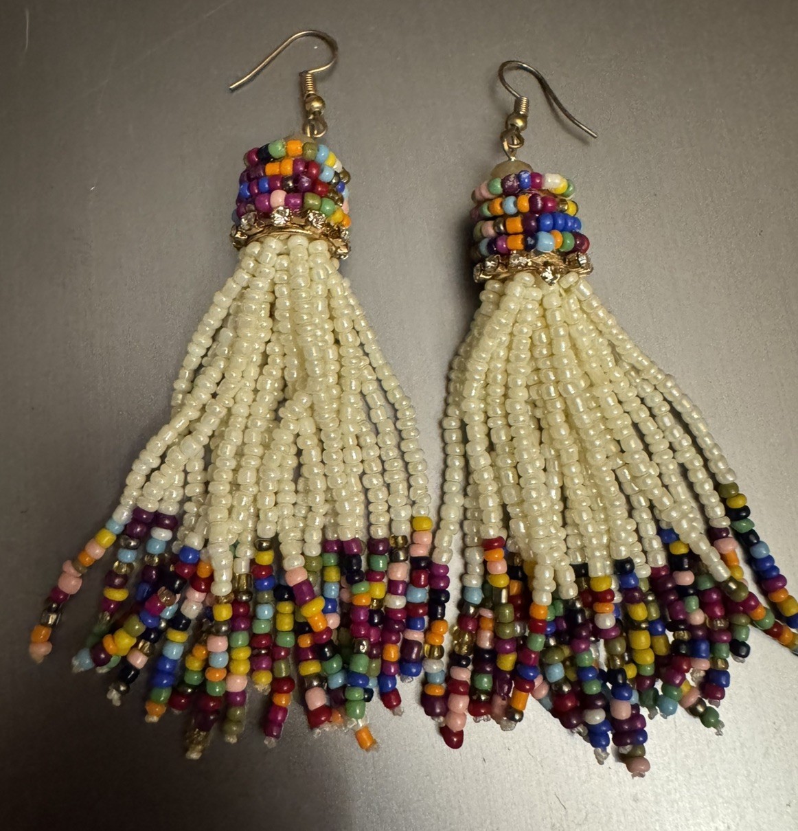 Multicolor & White Two Tone Color Block Seed Bead Tassel Dangle Earrings