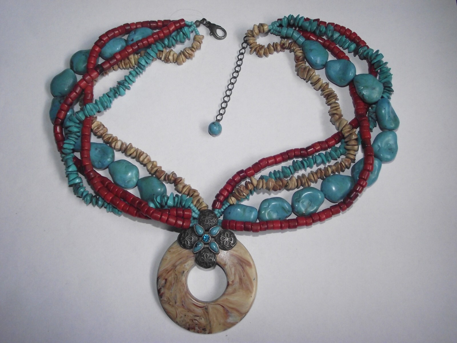Faux blue turquoise tan orange shell silver tone bead round pendant necklace