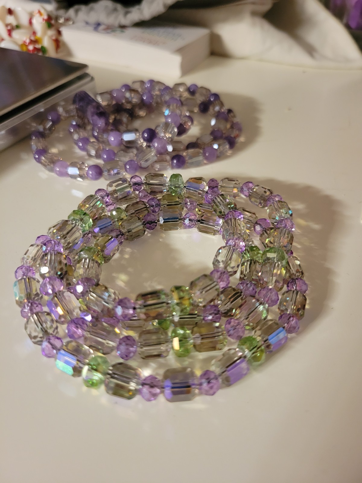 Iridescent Genuine Crystal Beaded Necklace in Purple & Green Artisan Handmade