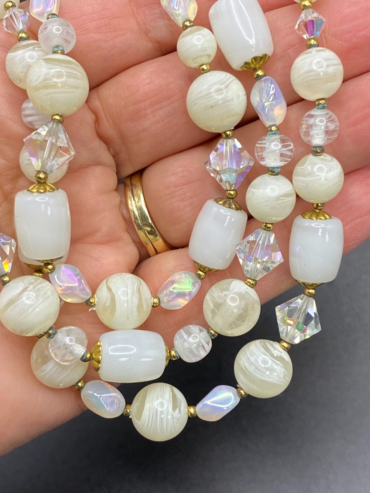 Vintage JAPAN 3-Strand Crystal & Opaline Art Glass Beaded Necklace!