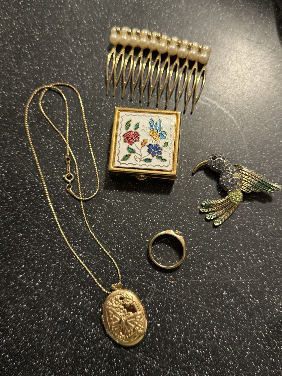 Vintage Costume Jewelry Brooch, Pill Box, Locket, Rhinestone Ring, Hair Comb