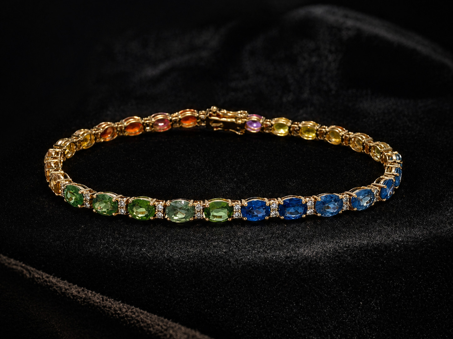 12.05 cttw Multicolor Natural Rainbow Sapphire Oval Cut Diamond Bracelet 18KY