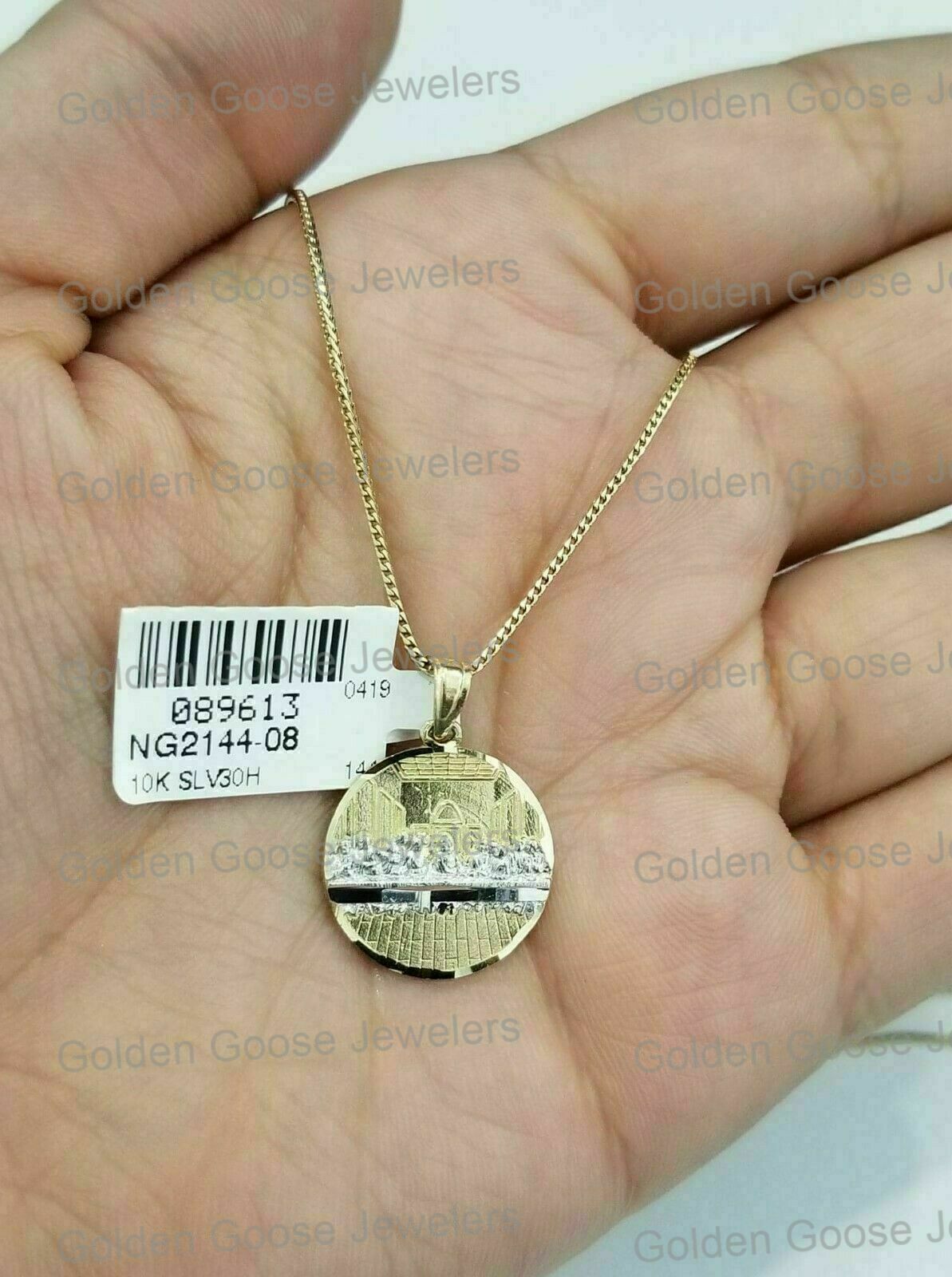 10K Yellow Gold Last Supper Jesus Medallion Charm Pendant Box Chain Set 24 Inch