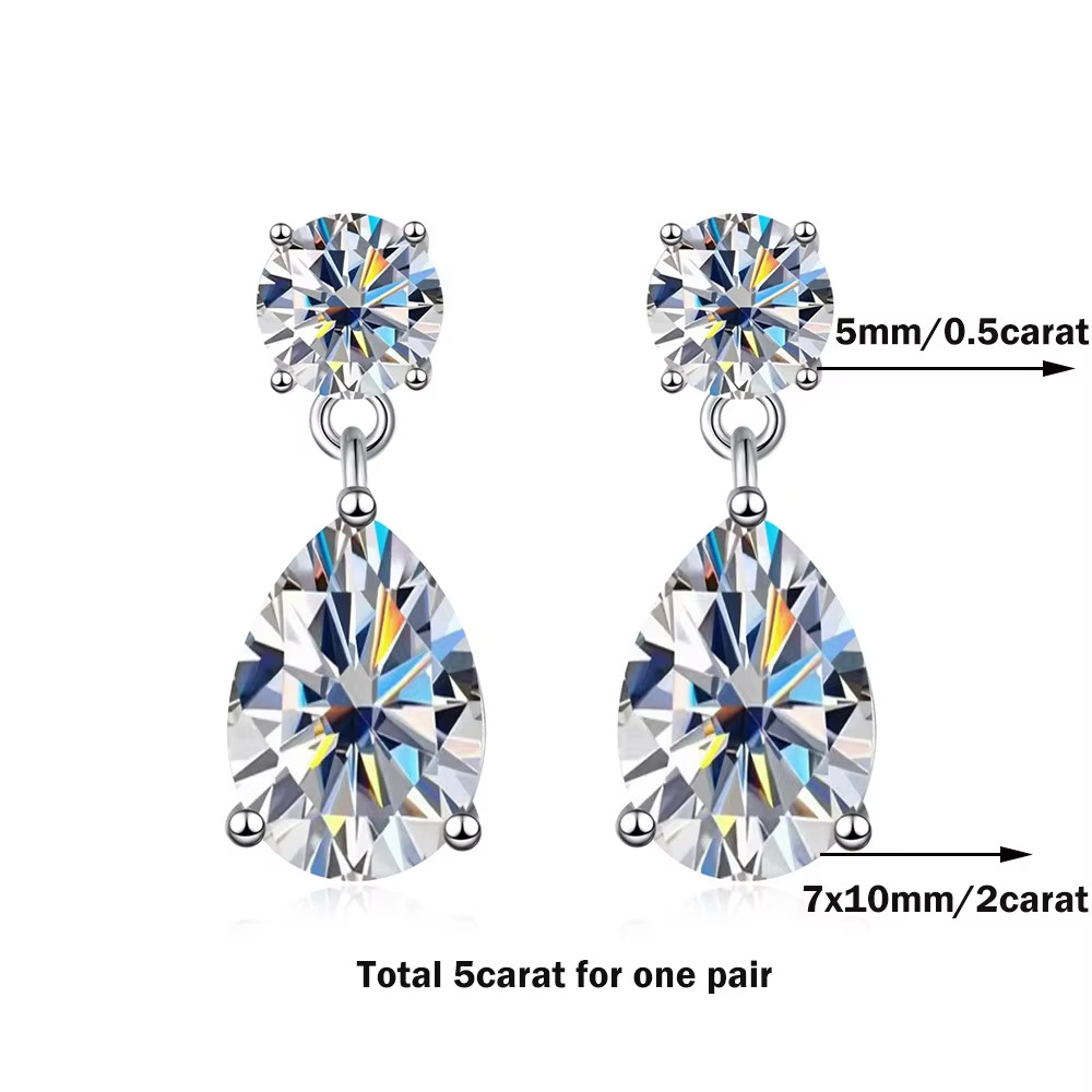 5.00Ct Pear Round Cut Moissanite Drop Earrings 925 Silver 14k White Gold Plated