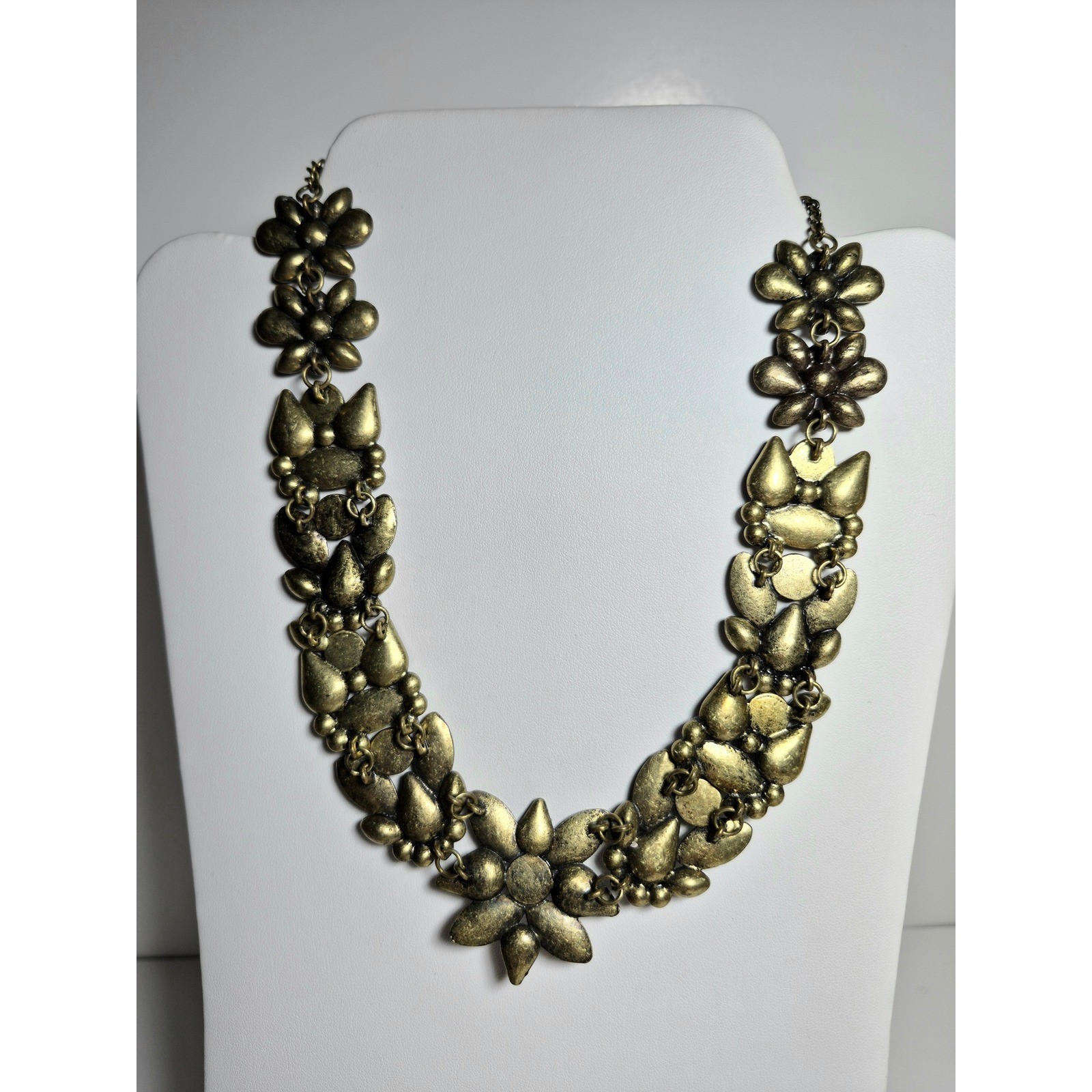 Floral Statement Bib Necklace Antique Brass Tone Pastel Stones Rhinestone Collar