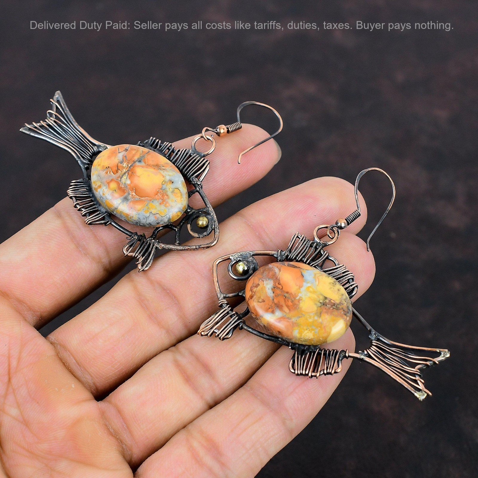 Copper Maligano Jasper Gemstone Ethnic Hook Boho Wire Wrapped Fish Drop Earrings