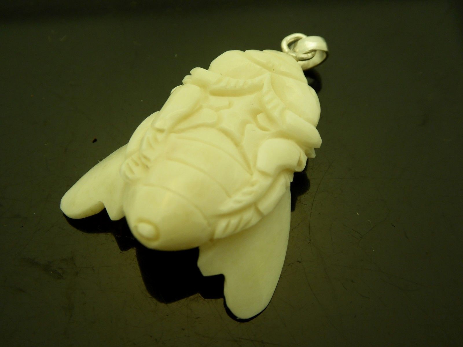 Carved Honey Bee Water Buffalo Bubalus Bubalis Bone Sterling 925 Amulet Necklace