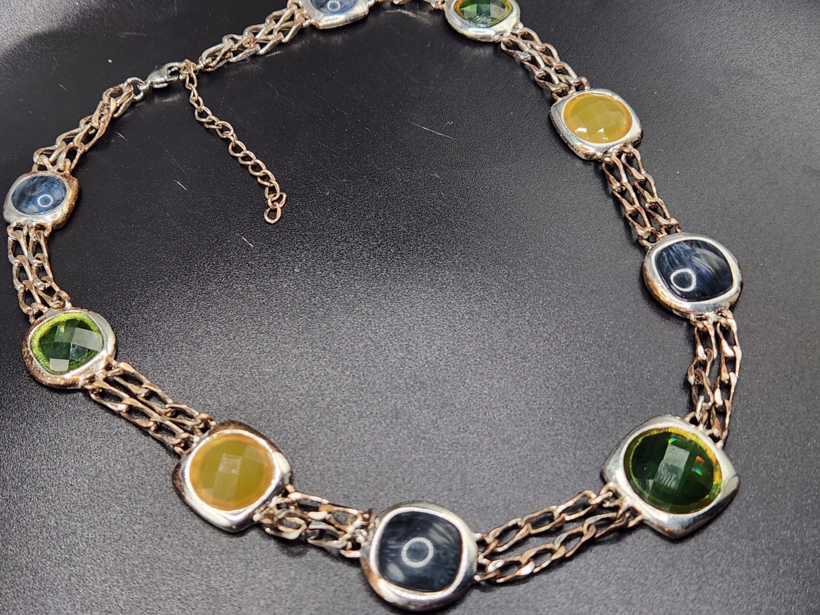 #0086 – Silver Tone Multicolor Glass Cabochon Link Necklace Green Blue Yellow…