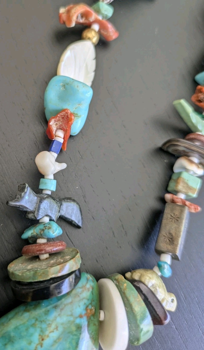 Native American 1970’s Treasure Necklace W/Large Turquoise Pendant & Fetishes