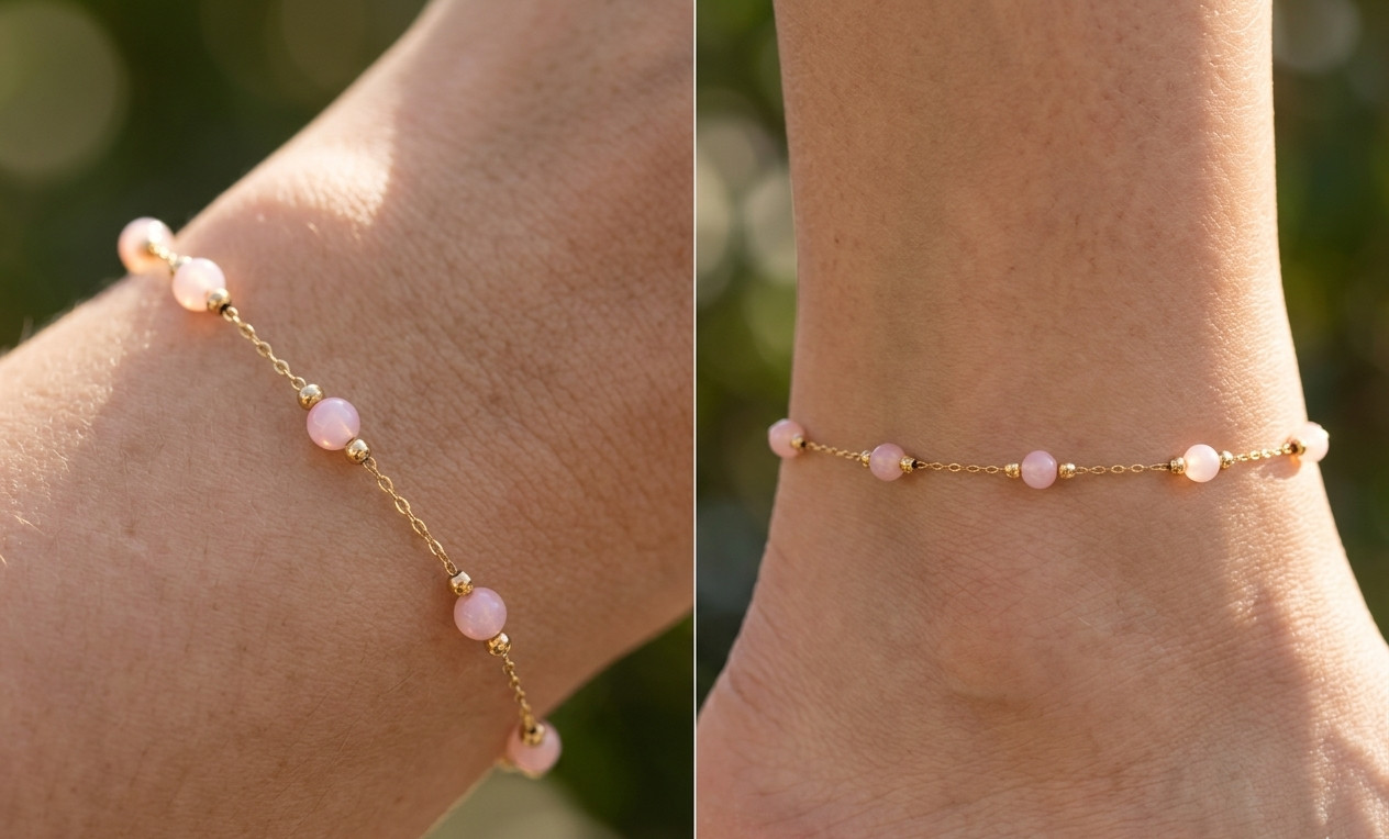Elegant Gold Color Plated Pink Tourmaline Beaded Anklet | Minimalist Brass Chain