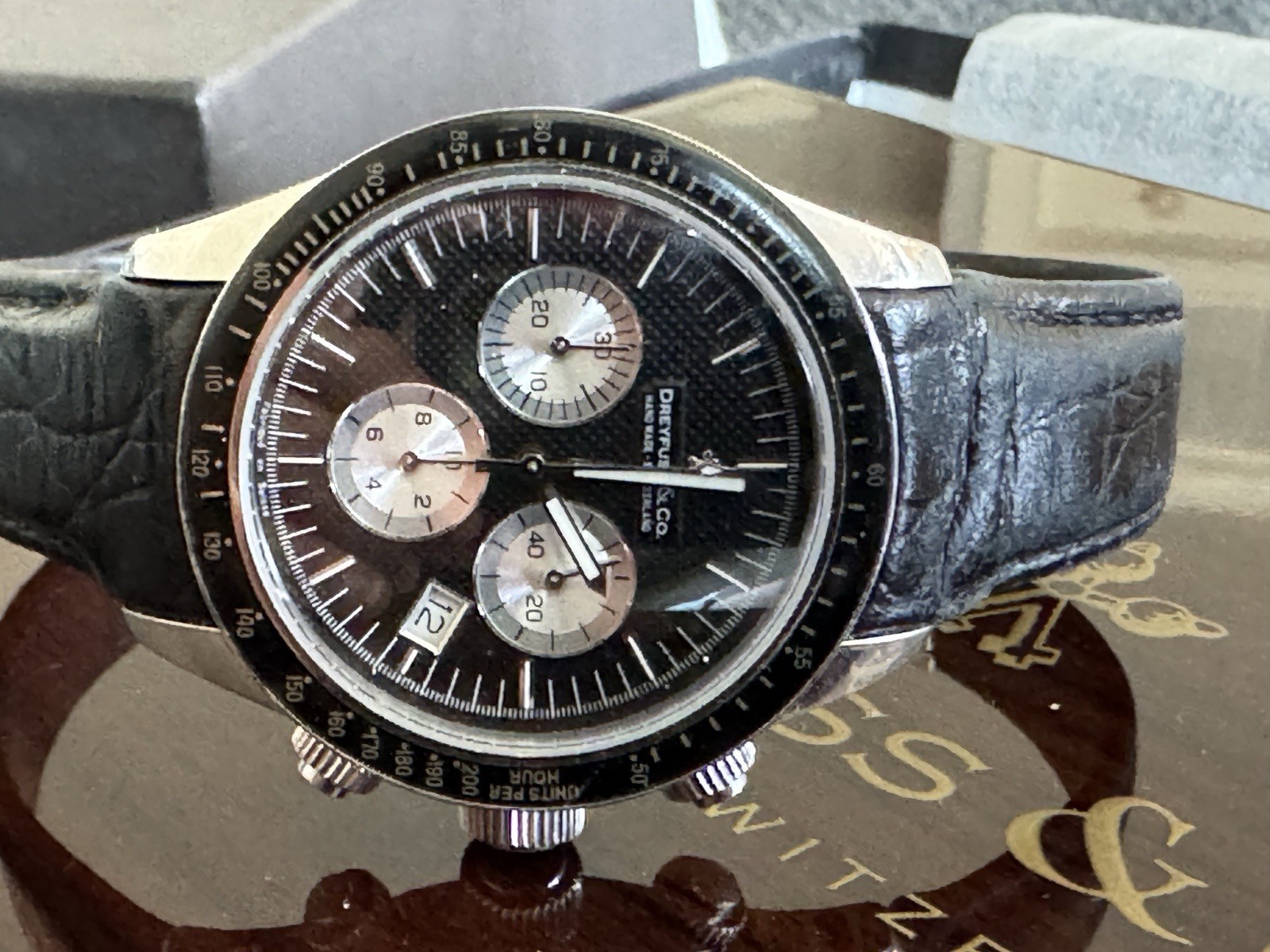 DREYFUSS CO 1853 # 2355 CHRONOGRAPH WATCH MEN QUARTZ 40mm new battery With Box