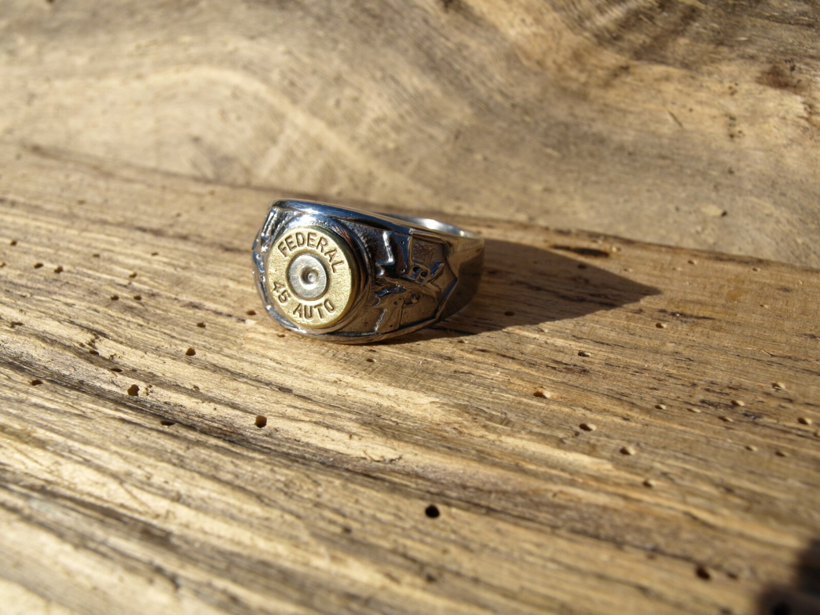 Stainless Steel Brass 45 Bullet Ring with Cross Guns. Optional Glass Crystal.