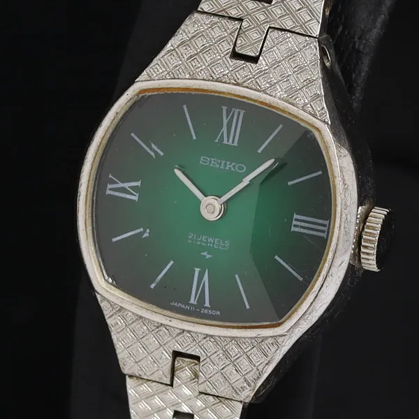 Working Seiko 11-7850 manual winding, green dial, 21 jewels, cut glass, ladies&#