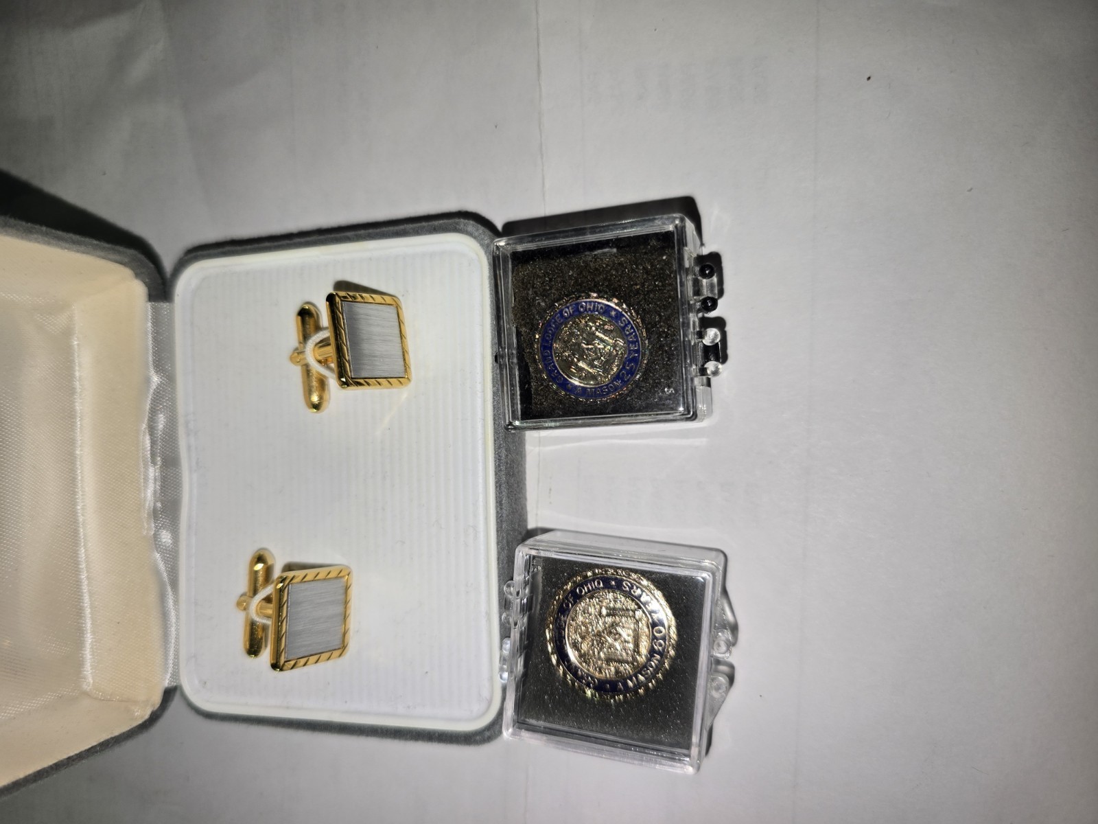 John Henry Square Cufflinks Gold Tone w/ Silver Center Bullet Back Set w/ Case